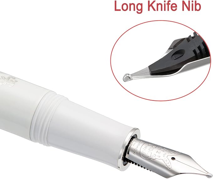 HONG DIAN N23 White Rabbit Fountain Pen, Long Blade Medium Nib Silver Trim, New Year Lucky Rabbit Carving Design, Smooth Writing Pen with Converter and Metal Pen Box Set