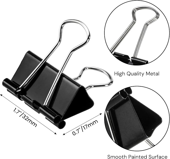 300 Pack Medium Binder Clip, 1-1/4 Inch Metal | Black Fold Back Clips, Standard Paperwork Clamp Bulk for School Teacher Student, Business Office Home