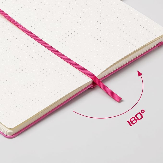 Dotted Journal/Notebook - Dot Grid Hard Cover Notebook, Premium Thick Paper with Fine Inner Pocket, Black Smooth Faux Leather, Pen Loop, 5.3'' x 8.26'' - Raspberry