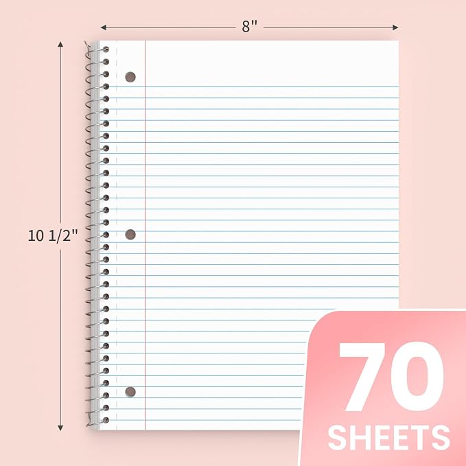 Oucaru College Ruled Spiral Notebooks, 8x10.5 Subject Notebook for School | 5 Pack 1-Subject Notebooks with 70 Sheets Per Book, 3-Hole Punched Lined Paper, Bulk College Ruled Notebooks for School