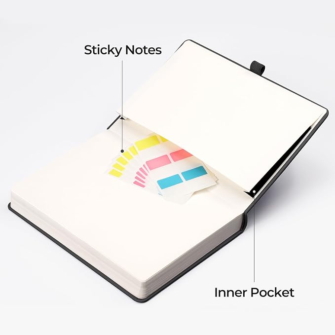 EMSHOI Lined Journal Notebook, 320 Numbered Pages, A5 Size (5.7'' x 8.3'') | Leather Hardcover, 100 GSM Thick Paper, for Women & Men, Journaling, Writing, Work & Office, Sun Debossed (Black)