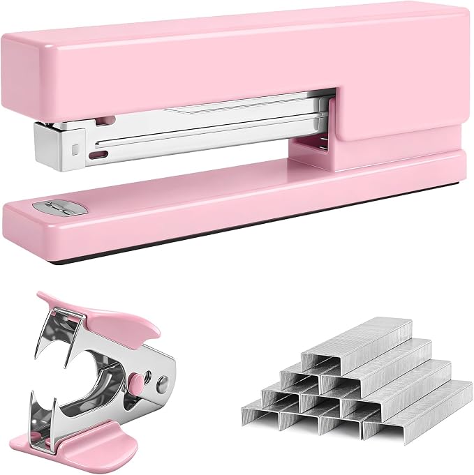 Office Desktop Stapler - 25 Sheet Capacity with 830 Staples and Staple Remover,Staplers for Desk,Non-Slip for School, Home, Pink