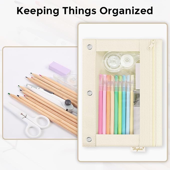 SKYDUE Pencil Pouch for 3 Ring Binder, 3 Ring Zipper Pencil Case with Clear Window, Large Binder Pencil Pouch with Grommets, Three Hole Pencil Holder for School, Pink & Purple (2 Pack)