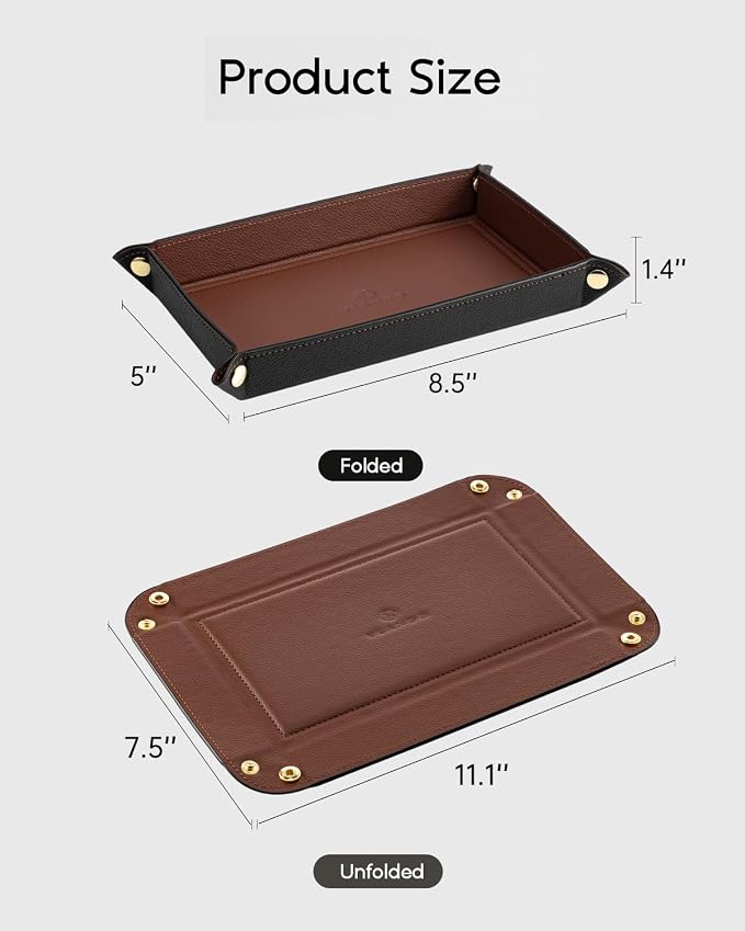 VLANDO Valet Tray for Men, Foldable PU Leather Catchall, Mocha Brown | Travel Catchall Tray, Jewelry Tray and Dresser Organizer for Keys, Wallet, Watch, Glasses, Rings and Small Accessories