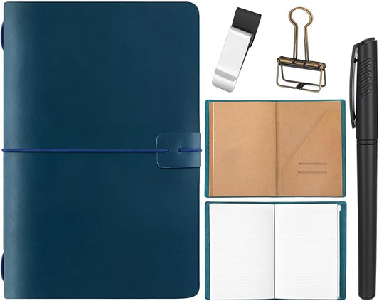 Thenshop Travelers Refillable Leather Journal Notebook Travel Diary Handmade Passport Travelers Journal for Men and Women with 3 Notebook Inserts, Pen Holder, Binder Clip(Blue,A5 Size)
