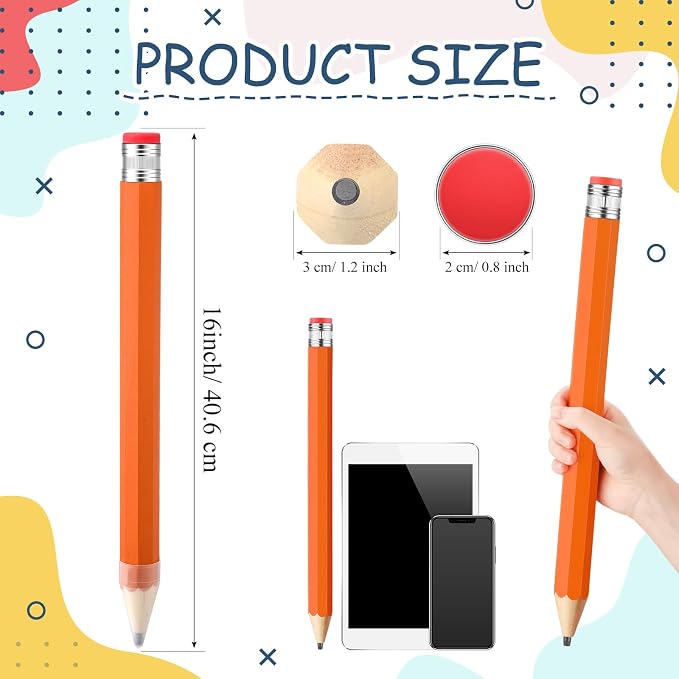 Back to School Gifts for Students 2 Pcs 16 Inch Giant Pencils Wooden Jumbo Pencils Prop Decor Funny with Cap Eraser Large Fun Novelty Gifts for Kids School Kindergarten Home Office(Orange)