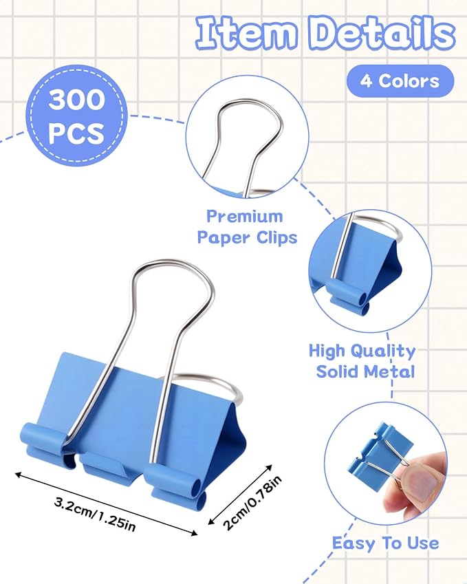 300 Pcs Medium Binder Clips, 1.25 Inch Metal Paper Clips with Strong Grip for Office School Business Paperwork, Assorted Colors