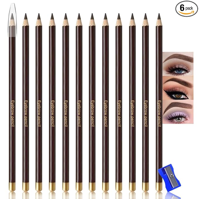 12Pcs Dark Brown Eyebrow Pencils for Women,Wooden Hard-Core Eyebrow Eyeliner Pencil,Sharpener Included,Long Lasting Waterproof Sweat-proof Create a Natural Eye Brow Makeup,Beginner Brow Pencil,Vegan