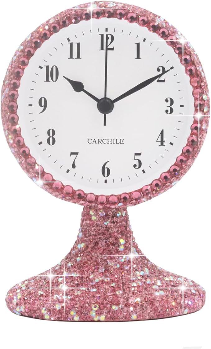 Luxury Rhinestone Small Alarm Desk Table Clock Morning Call Handmade Fashion Design for Bedroom Houseroom Living Room Cute As Gift AR (Pink)