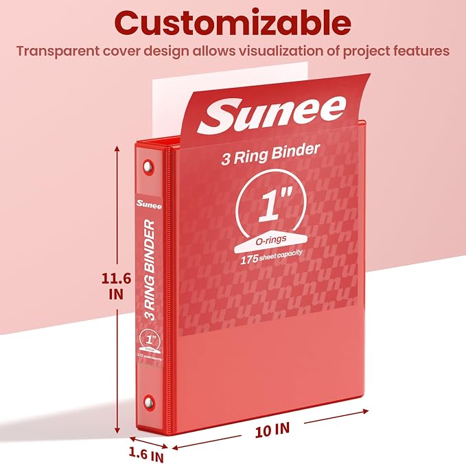 SUNEE 3 Ring Binders 1 Inch 12 Pack Classic Assortment, Clear View Binders Bulk Three Ring PVC-Free (Fit 8.5x11 Inches) for School or Office Business Supplies