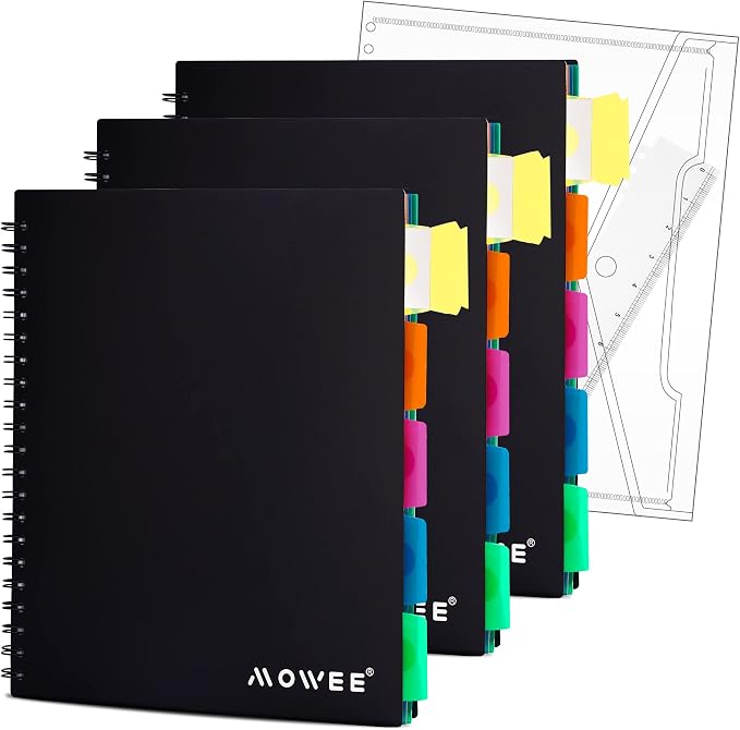 5-Subject Spiral Notebook, College Ruled, with Pocket & Tab Dividers | 200 Pages, 11" Ruler, 8.5"x11" 3PCBlack, Pocket Dividers with Tab Labels, for Writing Journal, Home, Office & School Supplies