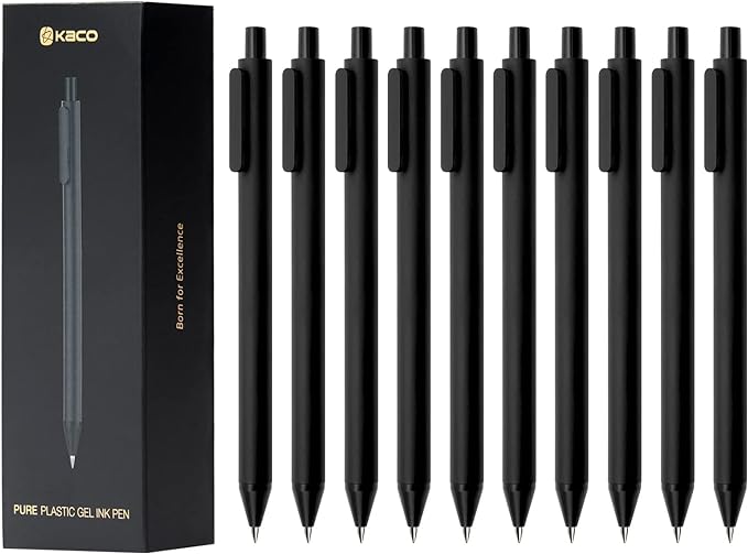 Kaco PURE Gel Pens Black Ink 0.7 mm Medium Point, 10 Pieces Set, Original Design, Quick Drying Aesthetic Note Taking Pens Office Supplies Cute Stationery (10 Black)
