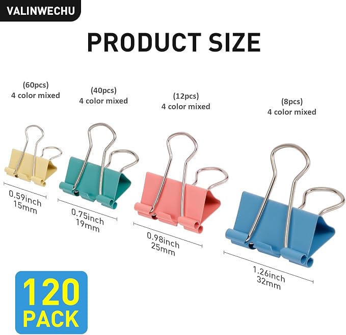 Colored Binder Clips, Assorted Sizes, 120 PCS | Large Medium Small Mini Paper Clamps, 4 Sizes (1.26"/0.98"/0.75"/0.59"), Storage Case, Office Supplies Clips