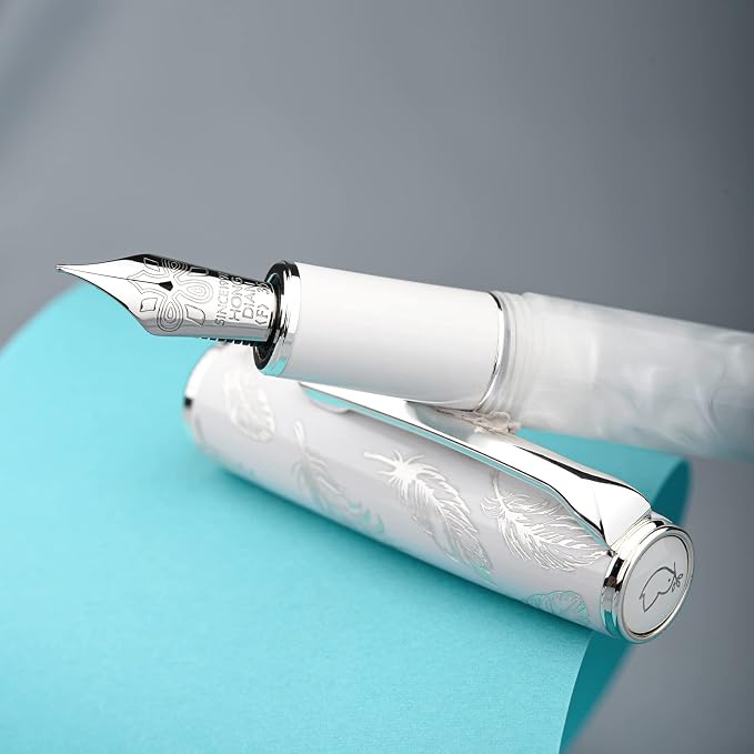 HONG DIAN N8 White Acrylic Resin Fountain Pen, Iridium Extra Fine Nib Silver Plated Feather Carving Cap Smooth Writing Pen with Converter and Metal Pen Box Set