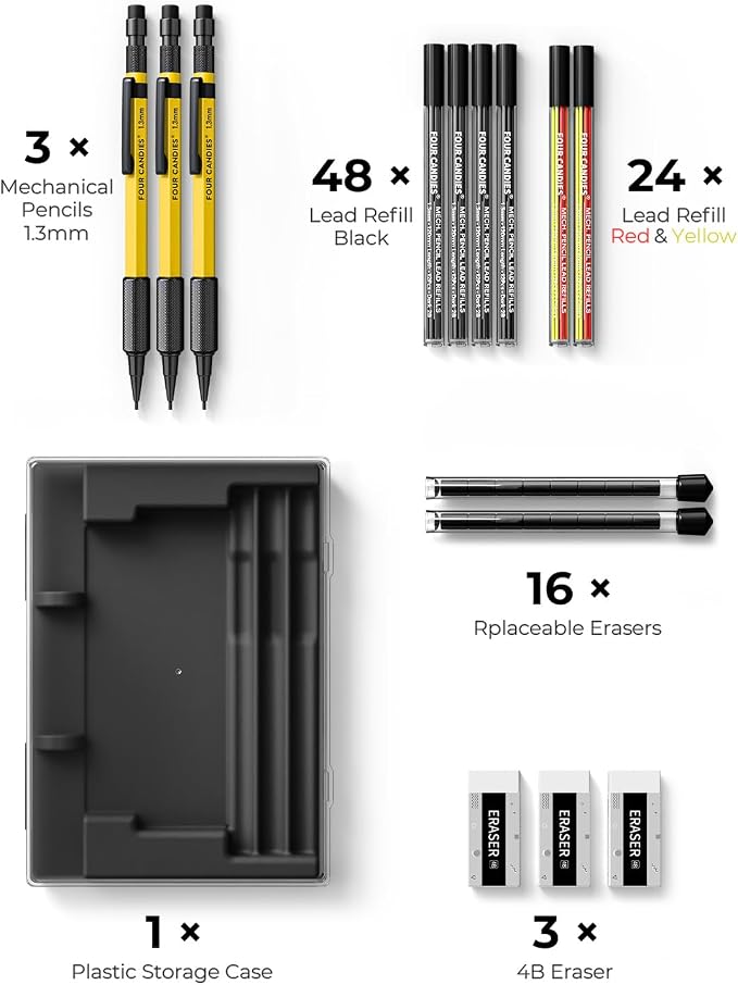 Four Candies 3PCS 1.3mm Metal Mechanical Pencil Set with Case (Yellow) | 72 Refills (Red,Black,Yellow), 3 Erasers, 16 Eraser Refills, Weatherproof Body for Construction Outdoor Woodworking Marking