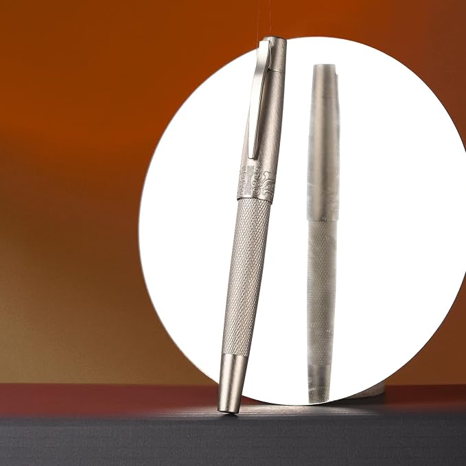 Hongdian 6013 Silver General Fountain Pen, Iridium Gold-silver Medium Nib Solid Metal Writing Pen with Metal Case