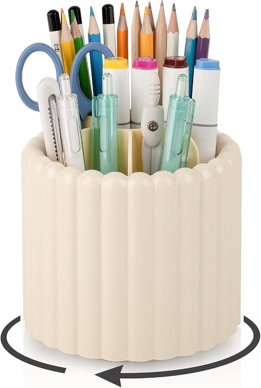 360° Rotating Pen Holder for Desk Removable Pencil Organizer, Beige | 7 Slots Pen Cup Cute Office Supplies and Accessories Plastic Desktop Storage Box Art Caddy for School, Work, Home