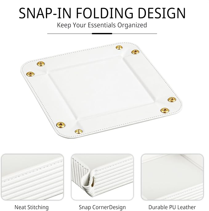 YAPISHI Light Luxury Valet Tray for Men, PU Leather Vanity Jewelry Tray & Decorative Perfume Catchall, Folding Travel EDC Dump Tray, Nightstand Organizer Caddy for Keys, Watches, Coin Bowl Dish