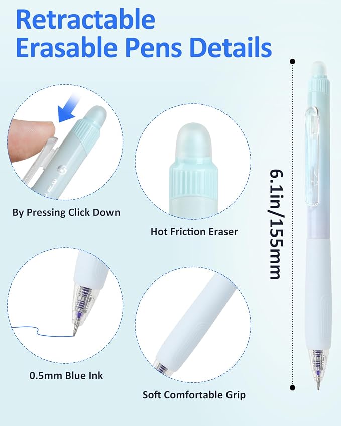 Solati Erasable Pens, 6 Pack Fine Point 0.5mm Blue Erasable Gel Pens with 360°Rotating Erasers, Make Mistakes Disappear, Comfort Grip for Drawing, Writing, Planning, and Crossword Puzzles (Blue Ink)