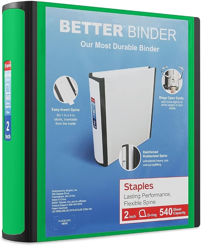 Staples Heavy-Duty 2-Inch D-Ring Binder, Green – Large Capacity 3-Ring Binder with Pockets, Holds Up to 540 Sheets