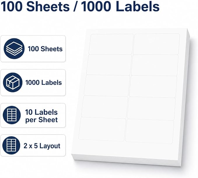 100 Sheets 1000 Pcs2 x4 10 Up White Shipping Labels for Laser & Inkjet Printers, Risepekt 2" x 4" FBA Labels on US Letter, 10 per Sheet Return Address Labels, 10 per Page