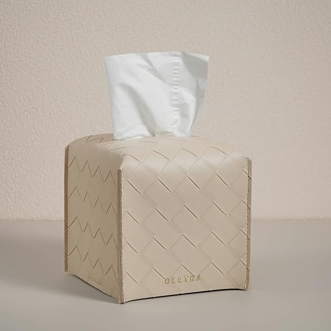 OLETHA Square Tissue Box Cover - Aesthetic Desk Decor for Room, Home & Office - Tissues Cube Boxes Holder - Woven Textured, Light Taupe