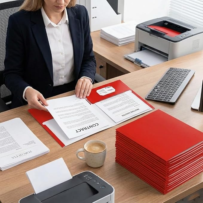Zzrywuty File Folders with Pockets,Red Two Folders for Documents,50 Pack Paper Folders with Card Slot,Letter Size,School Students,Business,Home and Office Workers
