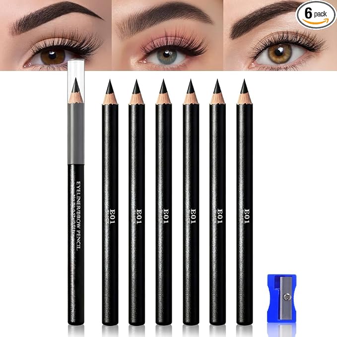 6Pcs Black Eyebrow Pencils for Women, Wooden Hard-Core Eyebrow and Eyeliner Pencil, Long Lasting Waterproof and Sweat-Proof, Beginner Makeup Brow Pencil With Pencil Sharpener (Black, 6Pcs)