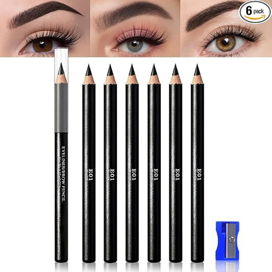 6Pcs Black Eyebrow Pencils for Women, Wooden Hard-Core Eyebrow and Eyeliner Pencil, Long Lasting Waterproof and Sweat-Proof, Beginner Makeup Brow Pencil With Pencil Sharpener (Black, 6Pcs)