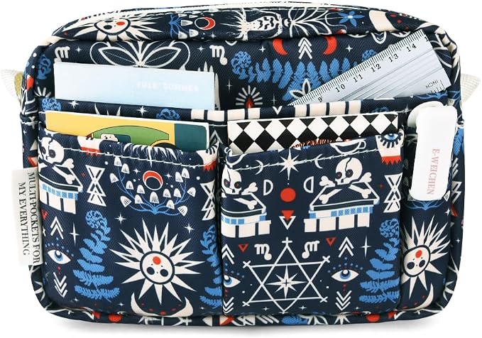 E-WEICHEN Multiple Pockets Portfolio Organizer with Zippered, Makeup Bag Travel Essentials for Women, Simple Waterproof Stationery Pencil Pouch Bag for Journal Office Art Supplies.Black Evil Eyes