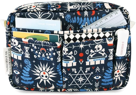 E-WEICHEN Multiple Pockets Portfolio Organizer with Zippered, Makeup Bag Travel Essentials for Women, Simple Waterproof Stationery Pencil Pouch Bag for Journal Office Art Supplies.Black Evil Eyes