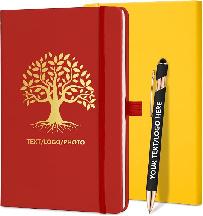 ENOMY Personalized Notebook 10 PC Pens Custom Notebook with Pen Holder Personalized Journal Strap Design for Men Women Ideal Gift, Red