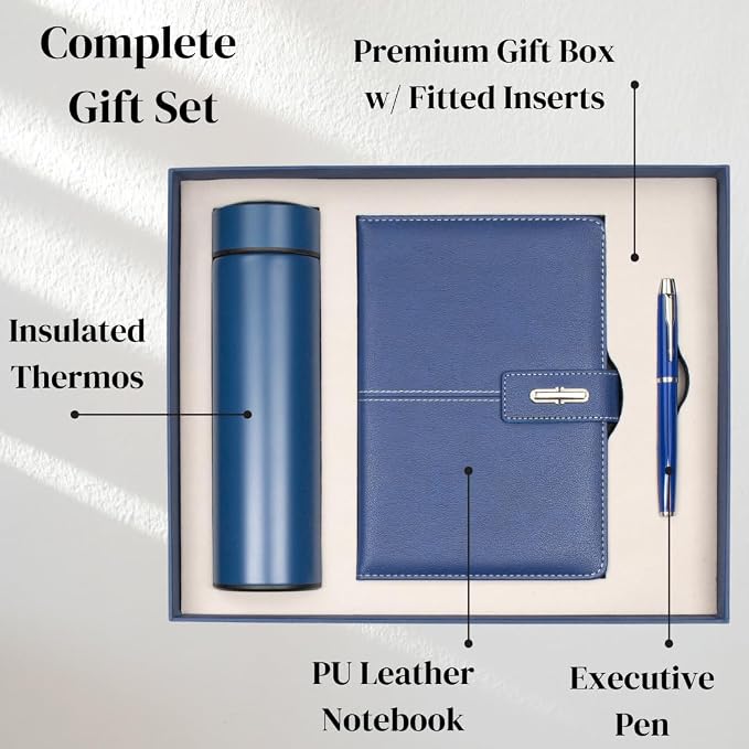 Shadow Breeze A5 Leather Notebook, Insulated Thermos and Executive Pen Gift Set in Premium Gift Box, 172 Pages 100GSM Ruled Pages, 12 oz, Great Gift for Business, School, Home (Blue)