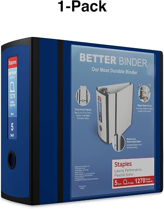Staples Better Binder, 5" Extra‑Capacity Heavy‑Duty D‑Ring Binder, Navy Blue, Reinforced Spine, Holds 1,050 Sheets, High‑Capacity Office & Records Organizer, 2‑Pack