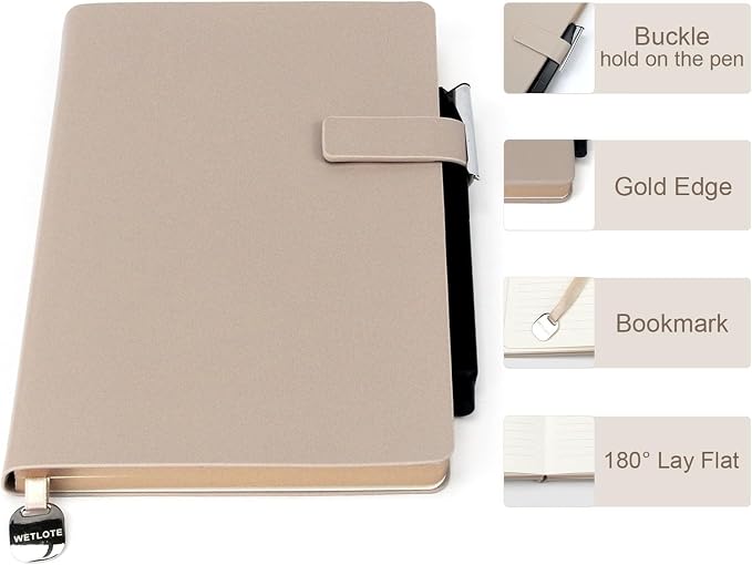 A5 Soft Cover Lined Notebook, Pen Holder & Gold Edges, 180° Lay Flat Journal, Large 5.7 x 8.4 in, Bookmark & Gift Box, Business Notebook for Work, Study, Travel(Light coffee)