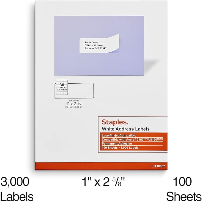 Staples Laser & Inkjet Address Labels, 1 x 2-5/8 Inch, White Mailing Labels, 30 Labels per Sheet, 6,000 Labels per Carton