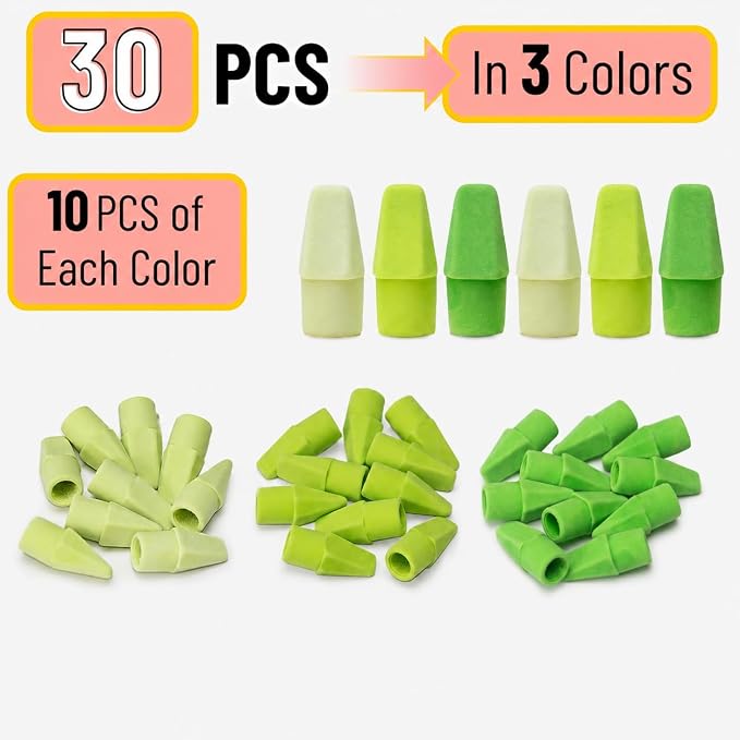 Mr. Pen- Pencil Erasers Toppers, 30 Pack, Colorful | No-Smudge Cap Pencil Erasers for Precise Erasing, Kids, Teachers, Studying Supplies, Green Shades