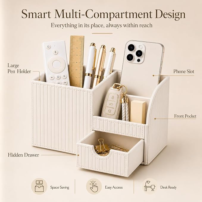 KINGFOM Luxury PU Leather Desk Organizer with Drawer, Modern Aesthetic Office Desk Accessories for Women, Multi-Compartment Pen Holder & Desktop Storage Organizer for Home Office, Cream White