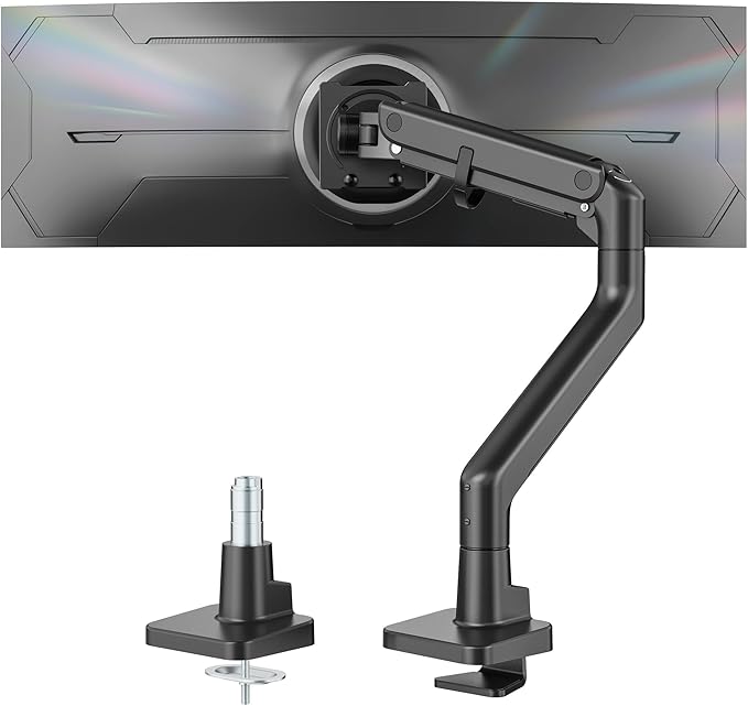 monTEK Heavy Duty Monitor Arm, 17-57" Ultrawide, Gas Spring, 59.4 lbs，Black | Desk Monitor Mount Holds 49" 57" Ultrawide Curved Screen Up to 59.4 lbs with No Sag,Clamp & Grommet Arm,75/100 VESA