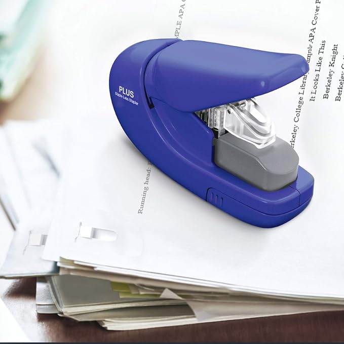 Plus Paper Clinch Compact Staple-Free Stapler, Heavy Duty, Navy Blue