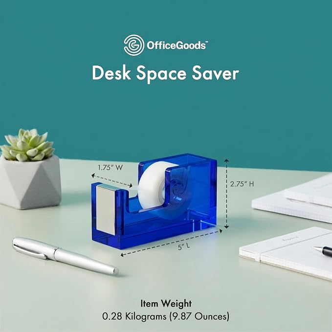 OfficeGoods Acrylic Tape Dispenser – Modern Desk Organizer for Office Supplies, Heavy Duty Refillable Tape Holder for Home and School Crafting, Stylish Desktop Accessory for Gift Wrapping, Blue