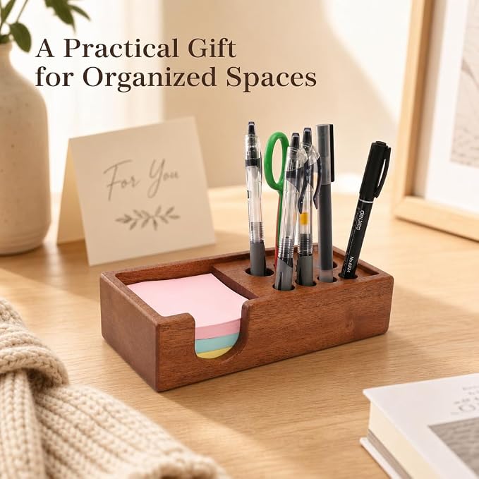 Wood Pencil Holder Pen Display Stand 3x3 Inch Sticky Note Holder | Elegant Post It Note Holder Notepad Dispenser Desk Organizer with Pen Slot for Sticky Notes, Pens, Scissors and Small Tool