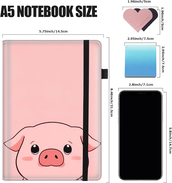Hardcover Executive Notebooks, A5 PU Leather Lined Journal Notebook, 200 Pages Thick Paper Subject Notebooks for School,Work,Home Writing Business Notebook, Diary Book ， Pink Pig