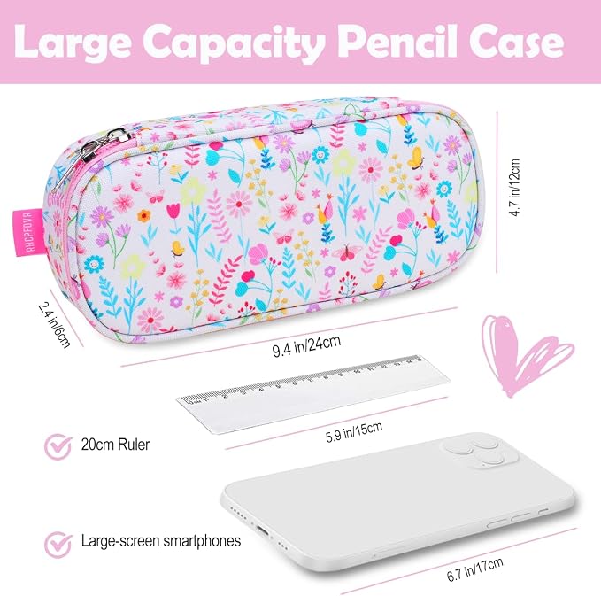 RHCPFOVR Kids Pencil Case for Girls-Soft Zipper Large Capacity Pencil Pouch for Girls Pencil Case for School Pencil Bag for Toddler (Leaf & Flower)