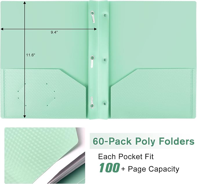60-Pack Plastic andPockets and Prongs,2-Pocket and3 Fasteners, Pastel Folders Holds 8-1/2" x 11" Paper for School/Office/Home, Green