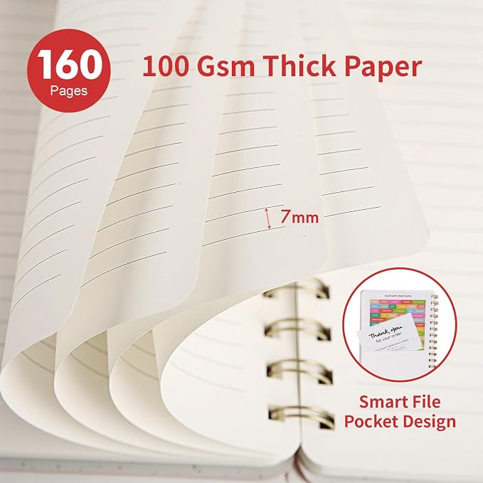 Spiral Notebook-5.75" x 8.125" College Ruled Journal with Inner Pockets and 160 Pages,PU Leather Cover Business Journal, Twin-Wire Binding Notebook Perfect for Office & Home School Supplies Dark Red