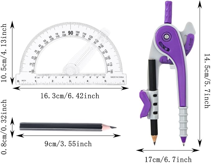 Vobou Compass and Protractor Set, 6 Inch Protractor with Swing Arm (Purple) | Compasses for Math for Drafting, Sharpener, Eraser and 180 Degree 6 Inch Clear Protractor, Easy Grip, School Supplies