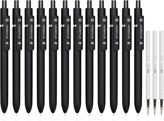 STAGEEK Black Gel Pens GX3, 12Pcs Fine Point Smooth Writing Pens with 3 Extra Refills, Quick Dry Black Ink Pens for Journaling, Office, Note Taking, School Supplies, Nurse Aesthetic(Black)