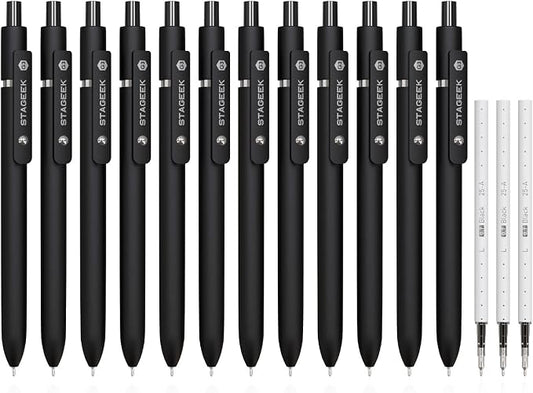 STAGEEK Black Gel Pens GX3, 12Pcs Fine Point Smooth Writing Pens with 3 Extra Refills, Quick Dry Black Ink Pens for Journaling, Office, Note Taking, School Supplies, Nurse Aesthetic(Black)