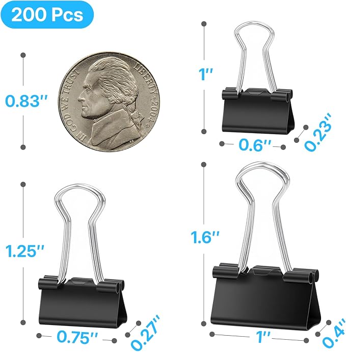 OWLKELA 200 Pcs Binder Clips, Assorted Sizes, Black | Metal Paper Clamps, Paper Binder Clip, Ideal for Office, Home and School Supplies